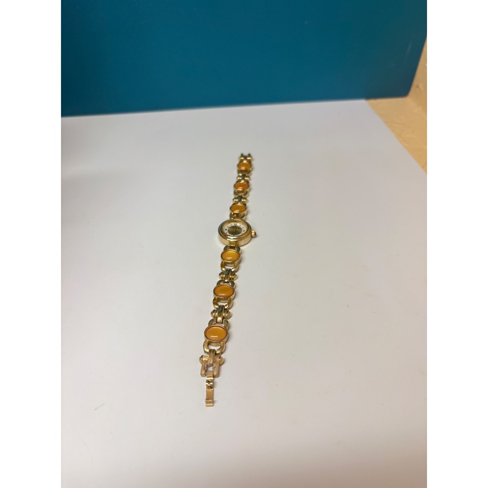 Ciki Vintage‎ Gold Tone Amber Cabochon Link Bracelet Watch Japan Movt